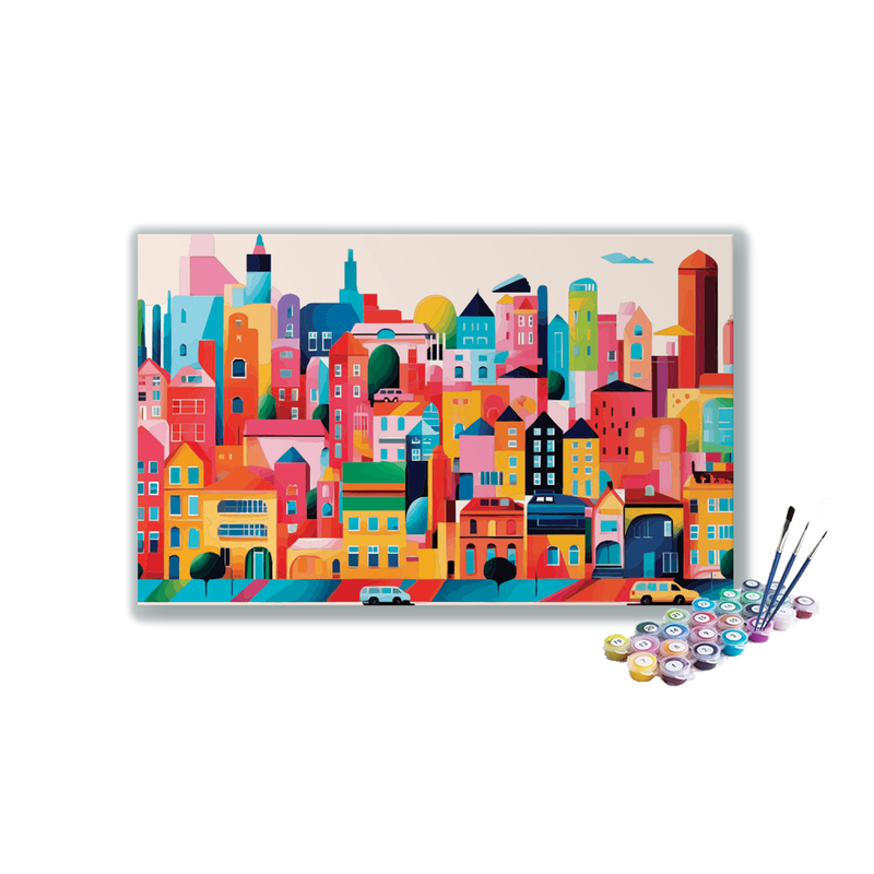 DIY Painting Kit -Vibrant City Skyline Flat Art Style Paint by Numbers Kit