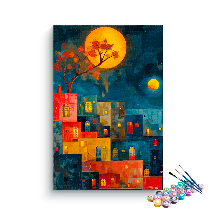 DIY Painting Kit -Moonlit Village with the Red Tree Paint by Numbers Kit