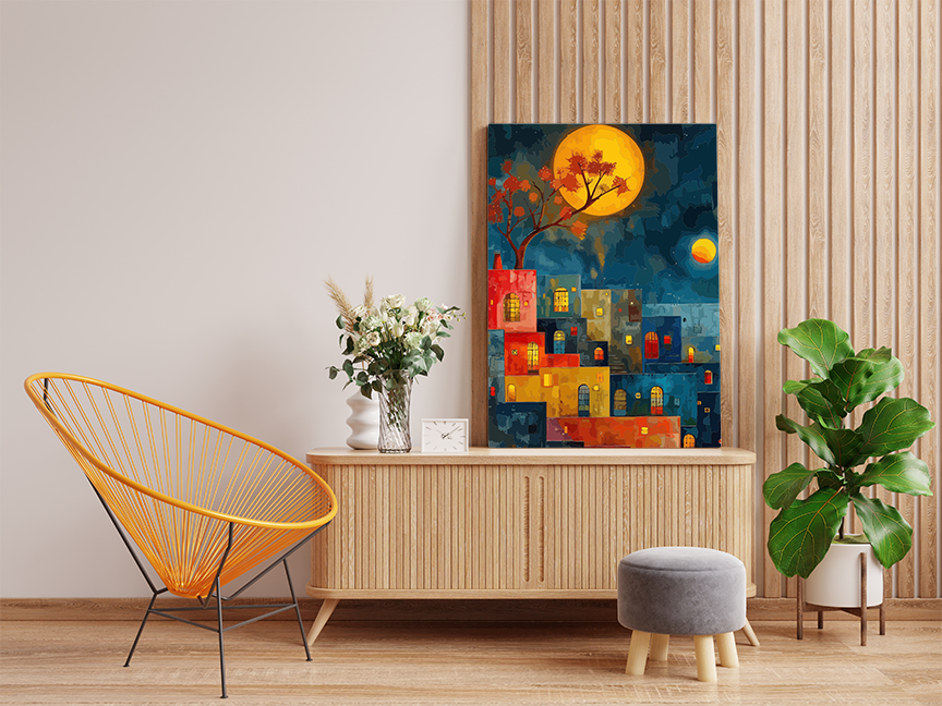 DIY Paint by numbers kit - Moonlit Village with the Red Tree Paint by Numbers Kit