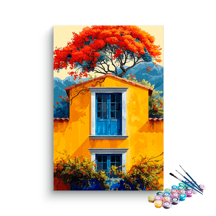 DIY Painting Kit -Golden House with the Flamboyant Tree Paint by Numbers Kit