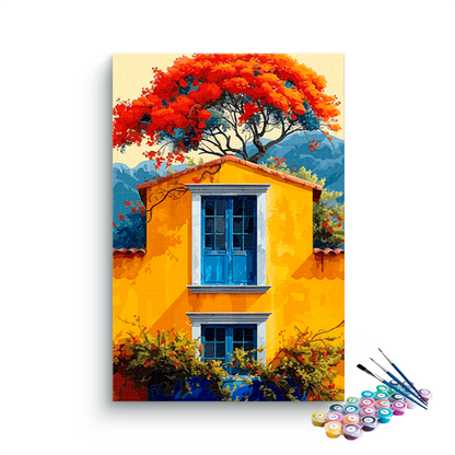 DIY Painting Kit -Golden House with the Flamboyant Tree Paint by Numbers Kit