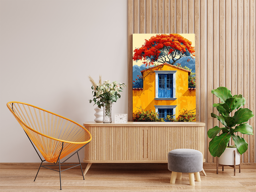DIY Paint by numbers kit - Golden House with the Flamboyant Tree Paint by Numbers Kit