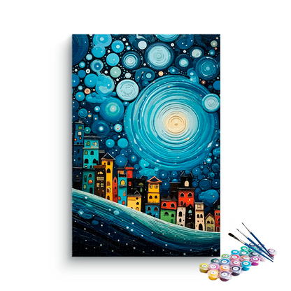 DIY Painting Kit -Starry Bubble Night Over the Colorful Town Paint by Numbers Kit