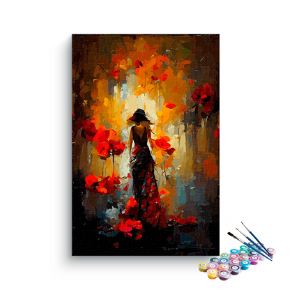 DIY Painting Kit -Lady in Red Poppies Golden Light Paint by Numbers Kit