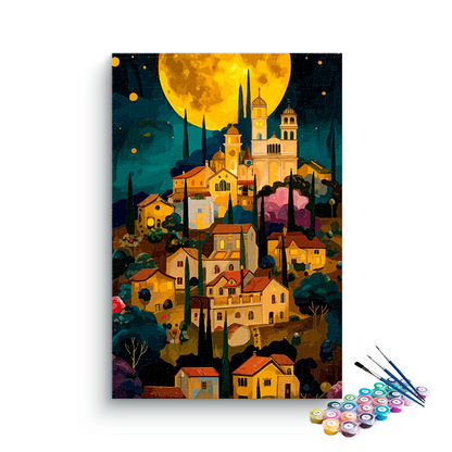 DIY Painting Kit -Golden Moon Over the Cathedral Town Paint by Numbers Kit