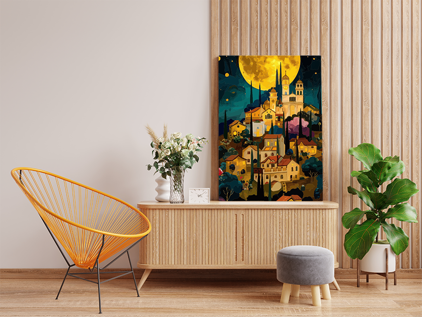 DIY Paint by numbers kit - Golden Moon Over the Cathedral Town Paint by Numbers Kit