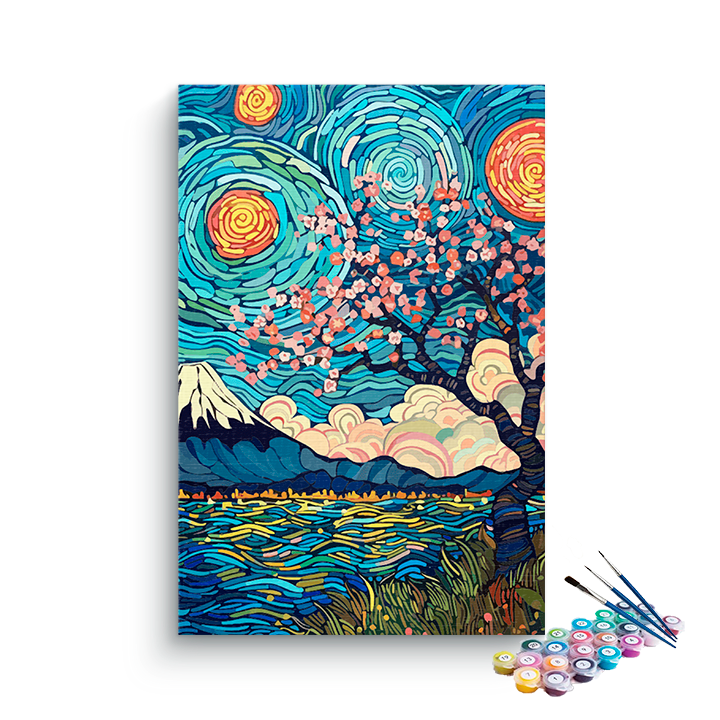 DIY Painting Kit -Mount Fuji Cherry Blossom Starry Night Paint by Numbers Kit