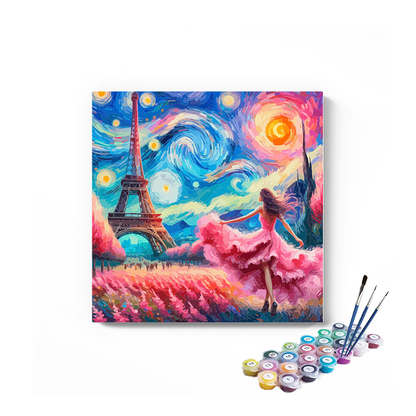 DIY Painting Kit -Pink Dress Dancing by the Eiffel Starry Sky Paint by Numbers Kit
