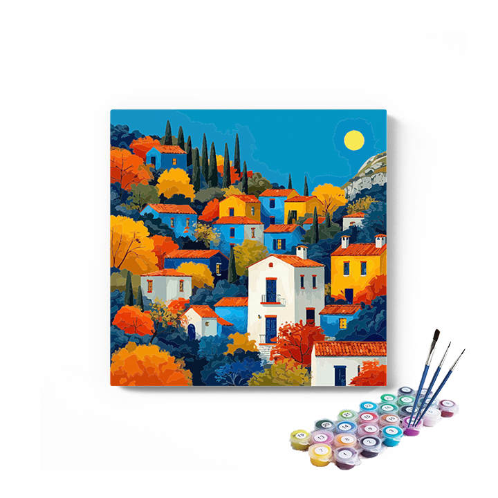DIY Painting Kit -Autumn Hillside Village Under the Moon Paint by Numbers Kit