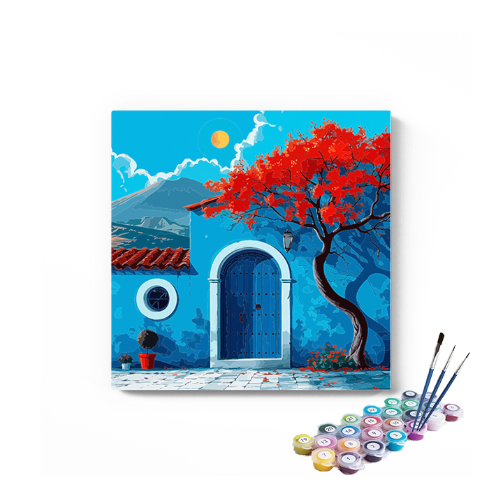 DIY Painting Kit -Blue Courtyard with the Red Tree Paint by Numbers Kit