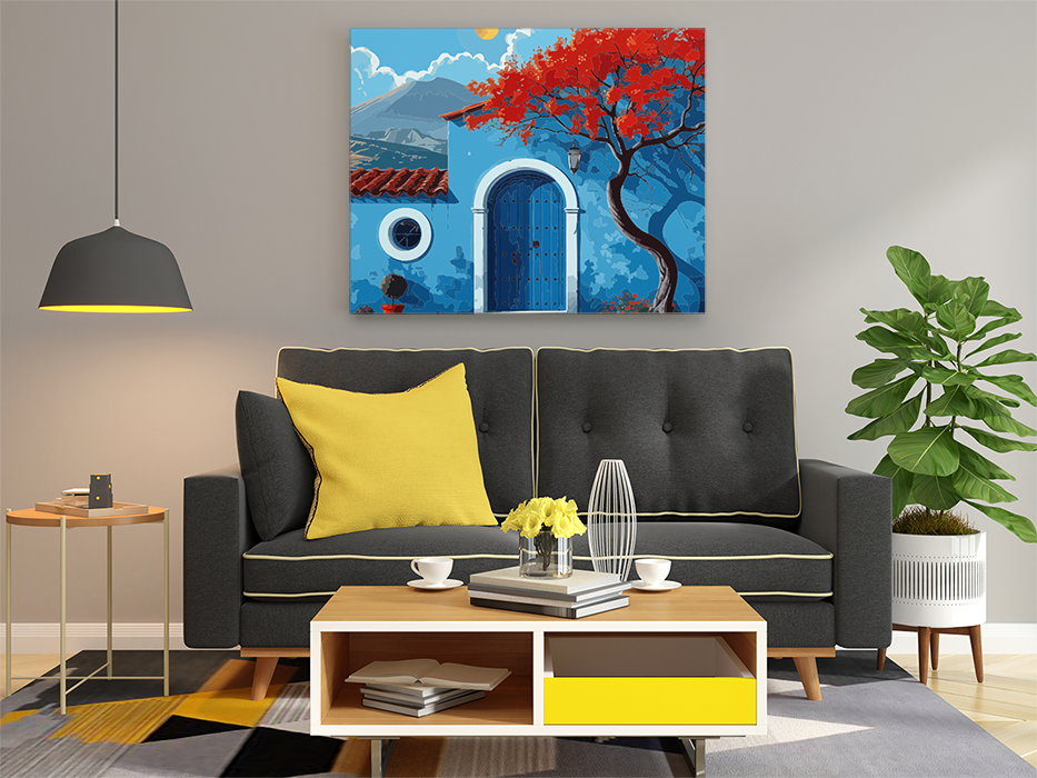 DIY Paint by numbers kit - Blue Courtyard with the Red Tree Paint by Numbers Kit