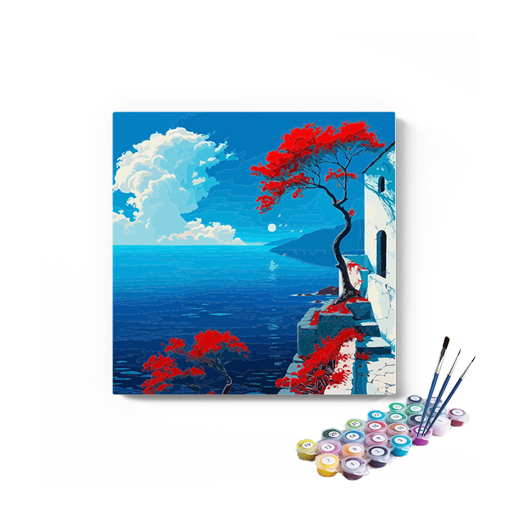 DIY Painting Kit -Mediterranean Cliffside with Red Trees Paint by Numbers Kit