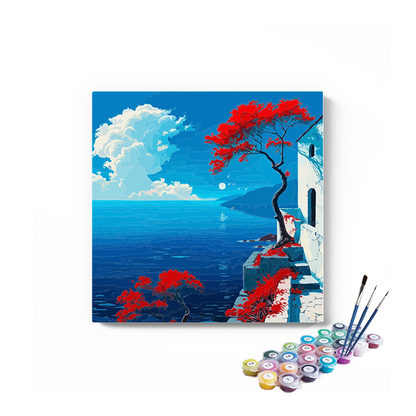DIY Painting Kit -Mediterranean Cliffside with Red Trees Paint by Numbers Kit