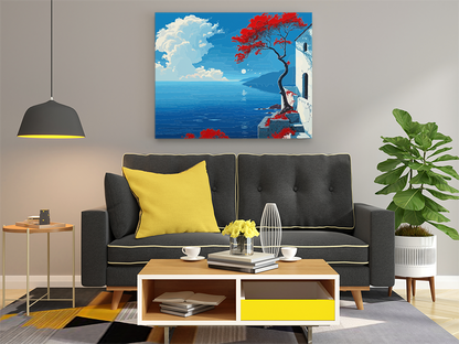DIY Paint by numbers kit - Mediterranean Cliffside with Red Trees Paint by Numbers Kit