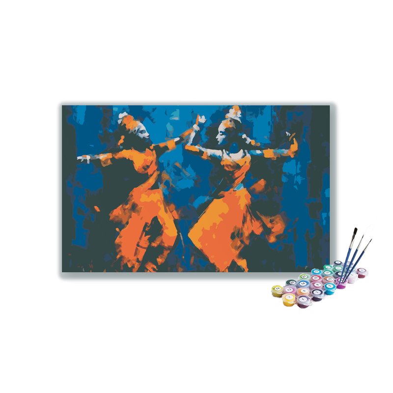 DIY Painting Kit -Classical Indian Dancers in Orange and Blue Paint by Numbers Kit