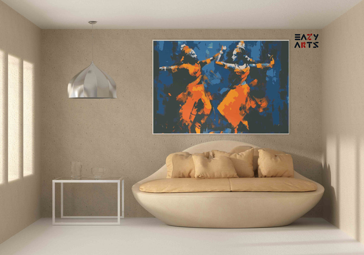 DIY Paint by numbers kit - Classical Indian Dancers in Orange and Blue Paint by Numbers Kit