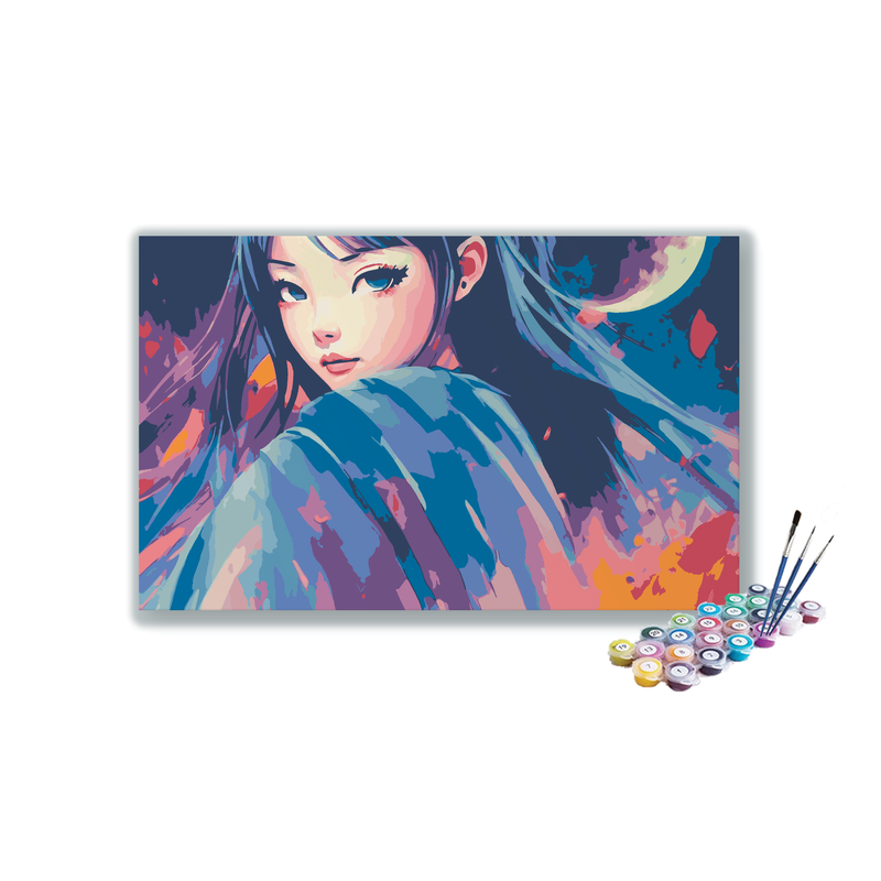 DIY Painting Kit -Anime Girl in Blue Kimono Under the Moon Paint by Numbers Kit