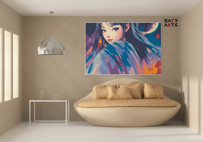 DIY Paint by numbers kit - Anime Girl in Blue Kimono Under the Moon Paint by Numbers Kit