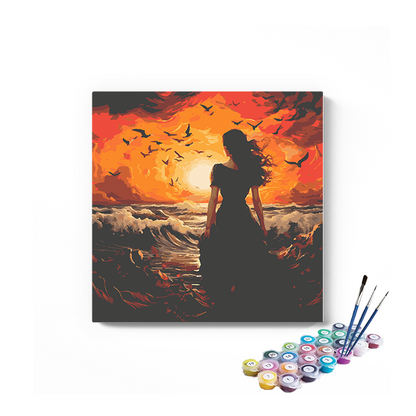 DIY Painting Kit -Woman by the Sea at Fiery Sunset Paint by Numbers Kit