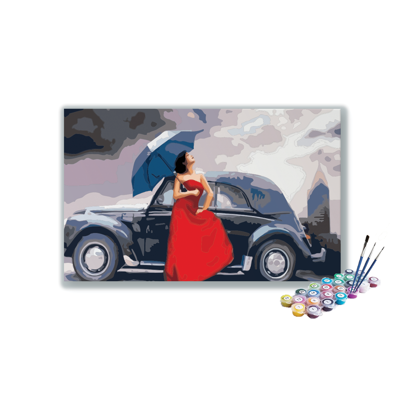 DIY Painting Kit -Vintage Elegance: Lady in Red with Classic Car Paint by Numbers Kit