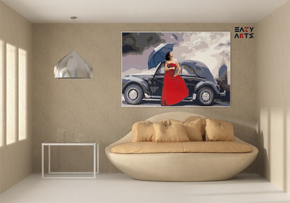 DIY Paint by numbers kit - Vintage Elegance: Lady in Red with Classic Car Paint by Numbers Kit