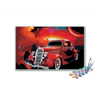 DIY Painting Kit -Cosmic Cruiser: Retro Red Car Paint by Numbers Kit