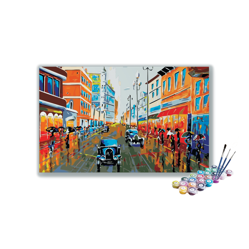 DIY Painting Kit -Rainy Cityscape with Vintage Cars Paint by Numbers Kit