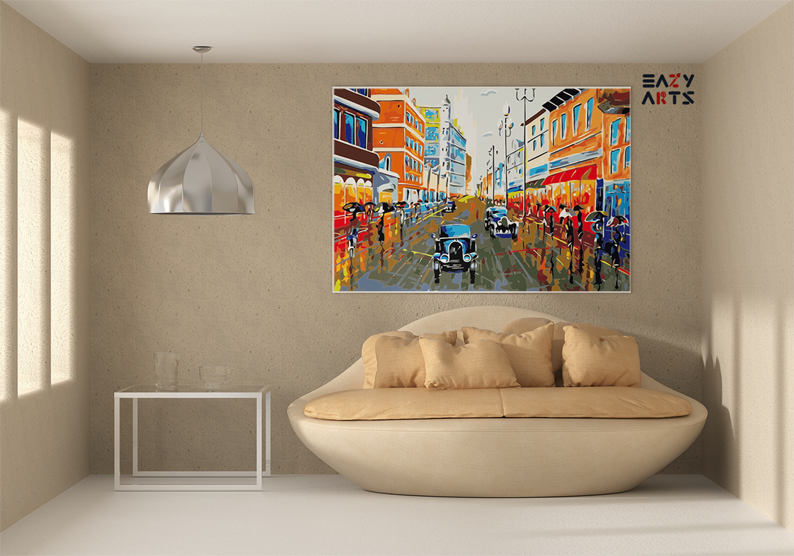 DIY Paint by numbers kit - Rainy Cityscape with Vintage Cars Paint by Numbers Kit