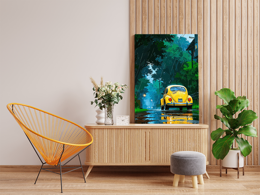 DIY Paint by numbers kit - Rainy Day Drive: Yellow Beetle Paint by Numbers Kit