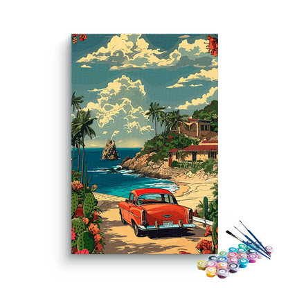 DIY Painting Kit -Sunset Coastal Escape: Red Classic Car Paint by Numbers Kit