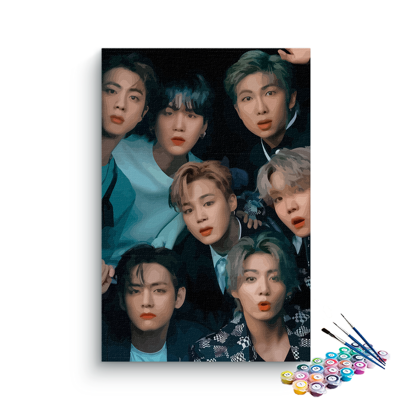 DIY Painting Kit -BTS All 7 Members Dark Teal Group Portrait Paint by Numbers Kit