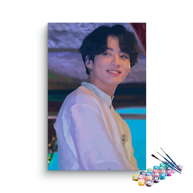 DIY Painting Kit -Jungkook Solo Portrait in White Shirt with Blue Stage Background Paint by Numbers Kit