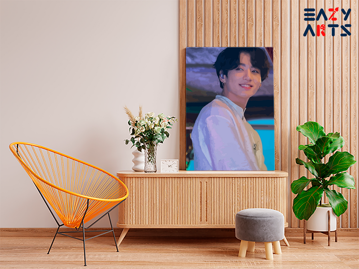 DIY Paint by numbers kit - Jungkook Solo Portrait in White Shirt with Blue Stage Background Paint by Numbers Kit