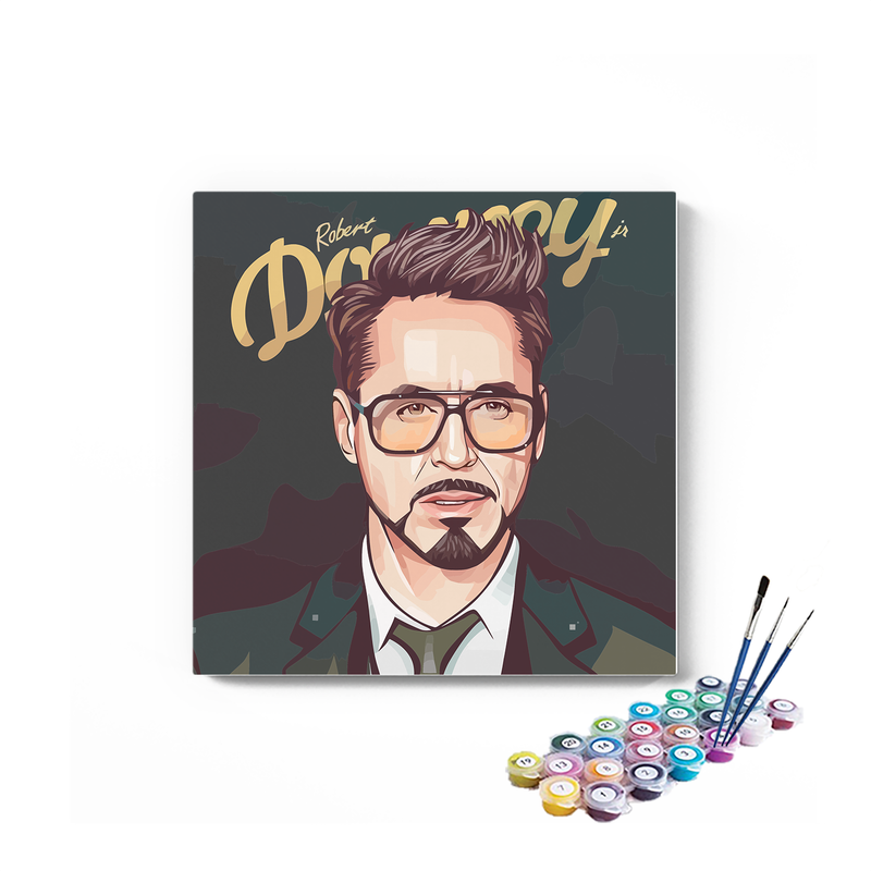 DIY Painting Kit -Robert Downey Jr Illustrated Portrait with Gold Typography Paint by Numbers Kit