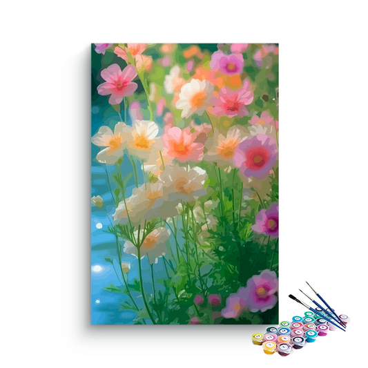 DIY Painting Kit -Sunlit Blossoms Pastel Garden by the Water Paint by Numbers Kit