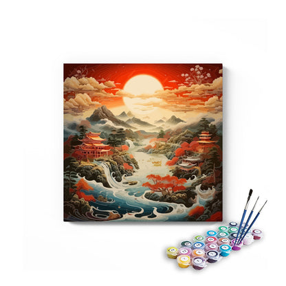 DIY Painting Kit -Oriental Pagoda Valley Sunset Paint by Numbers Kit