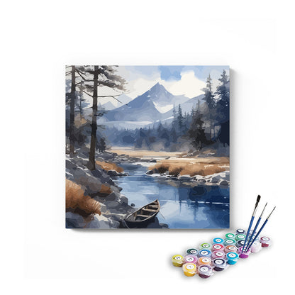 DIY Painting Kit -Misty Mountain River with Lone Canoe Paint by Numbers Kit