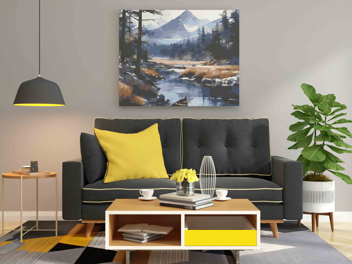 DIY Paint by numbers kit - Misty Mountain River with Lone Canoe Paint by Numbers Kit