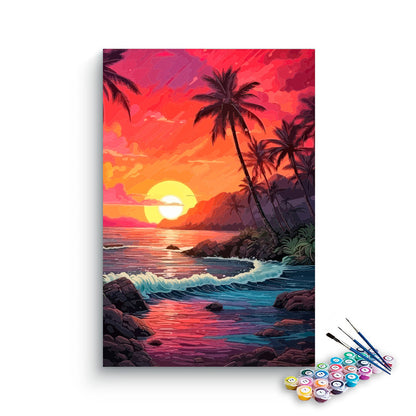 DIY Painting Kit -Vibrant Tropical Sunset Rocky Shore Paint by Numbers Kit