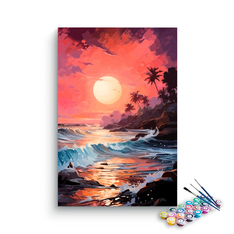 DIY Painting Kit -Crimson Coastal Waves at Dusk Paint by Numbers Kit