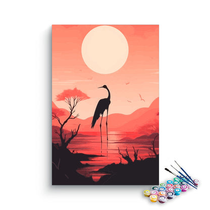 DIY Painting Kit -Lone Crane at Pink Moonrise Paint by Numbers Kit