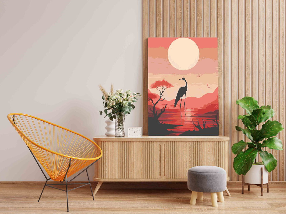 DIY Paint by numbers kit - Lone Crane at Pink Moonrise Paint by Numbers Kit