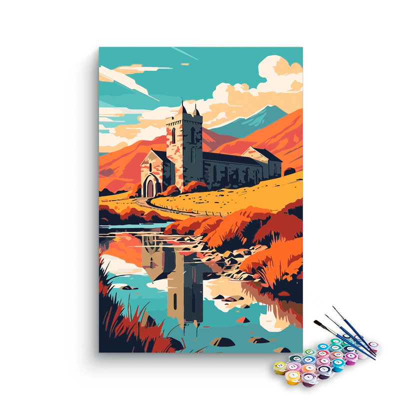DIY Painting Kit -Ancient Stone Church Autumn River Reflection Paint by Numbers Kit