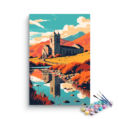 DIY Painting Kit -Ancient Stone Church Autumn River Reflection Paint by Numbers Kit