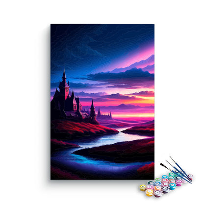 DIY Painting Kit -Gothic Castle Neon River at Twilight Paint by Numbers Kit