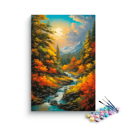 DIY Painting Kit -Autumn Forest Stream with Snowy Mountain Peak Paint by Numbers Kit