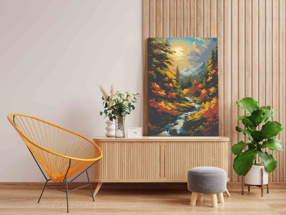 DIY Paint by numbers kit - Autumn Forest Stream with Snowy Mountain Peak Paint by Numbers Kit