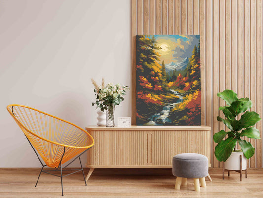 DIY Paint by numbers kit - Autumn Forest Stream with Snowy Mountain Peak Paint by Numbers Kit