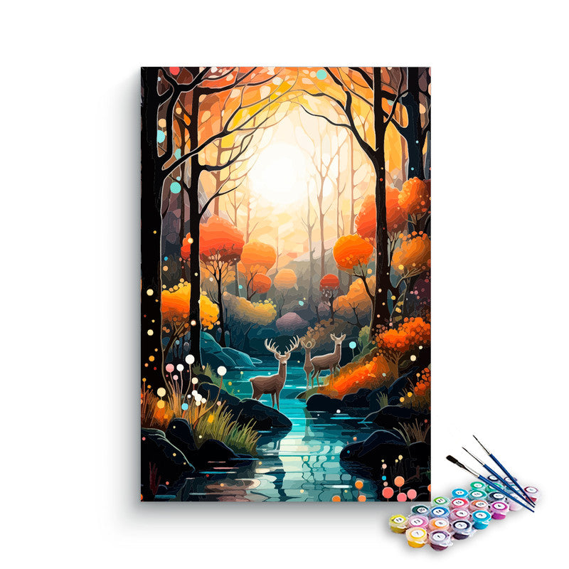 DIY Painting Kit -Deer by the Enchanted Autumn Forest Stream Paint by Numbers Kit