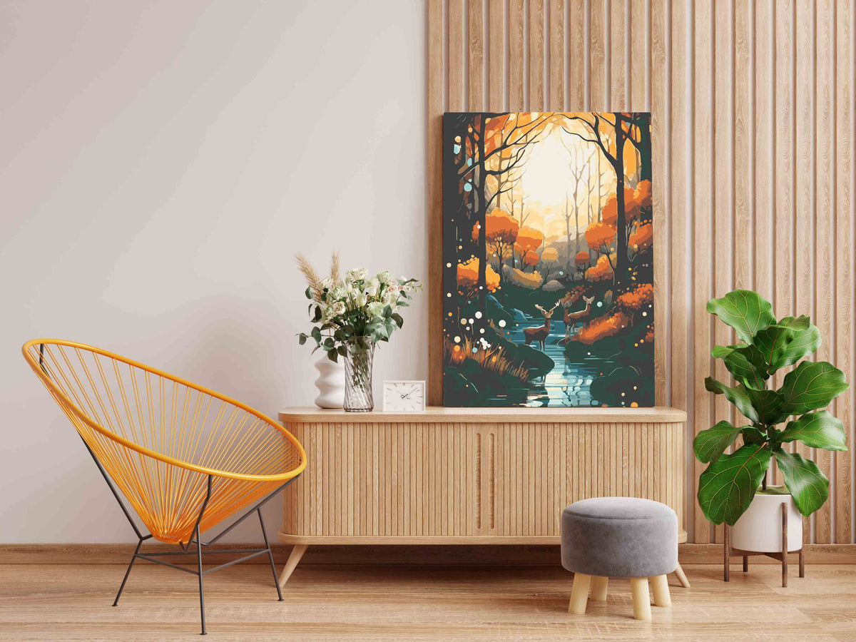 DIY Paint by numbers kit - Deer by the Enchanted Autumn Forest Stream Paint by Numbers Kit